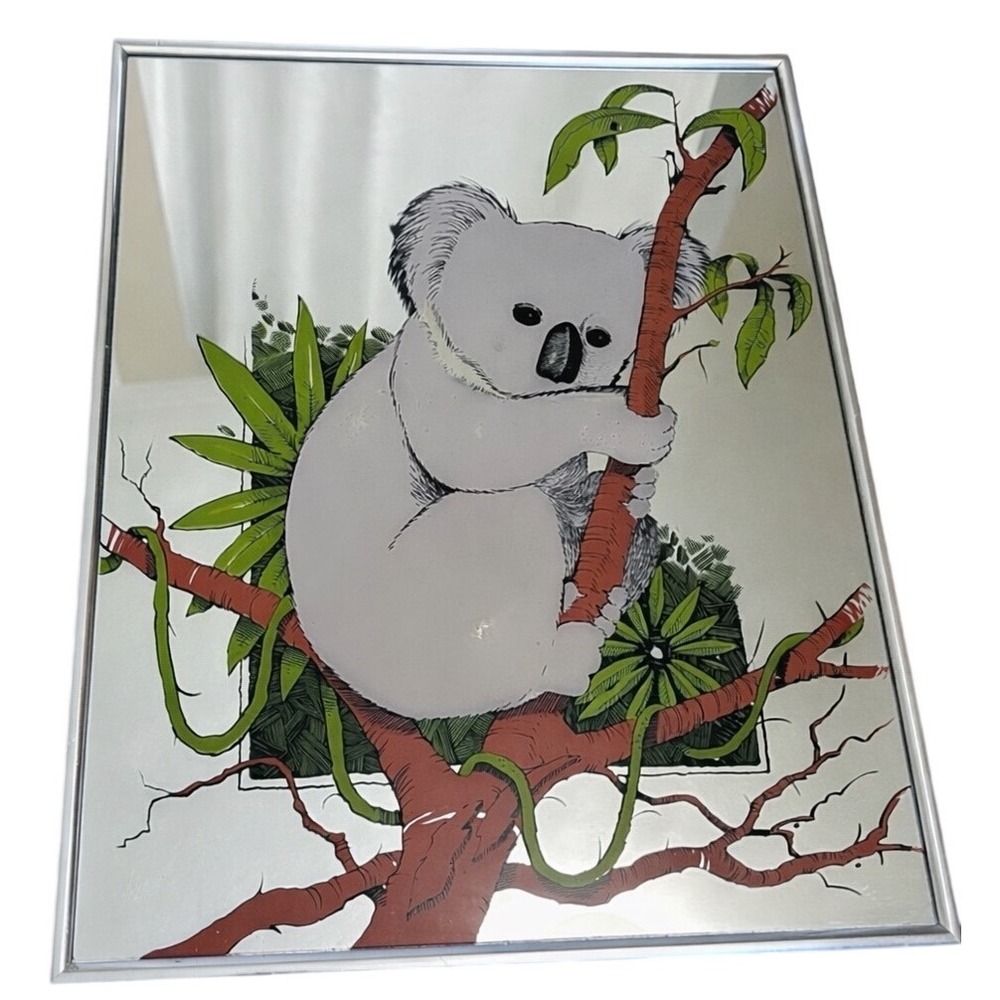 Vintage Koala Bear Printed Mirror 1980s Silver Frame 16x20 Turner Wall Art